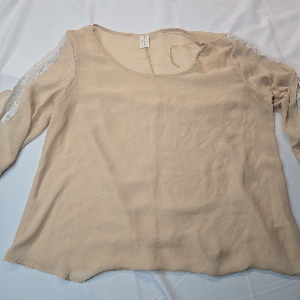 Blue Note Shirt Womens Sheer Blouse 1X Tan White Lace Sleeves Romantic Preppy